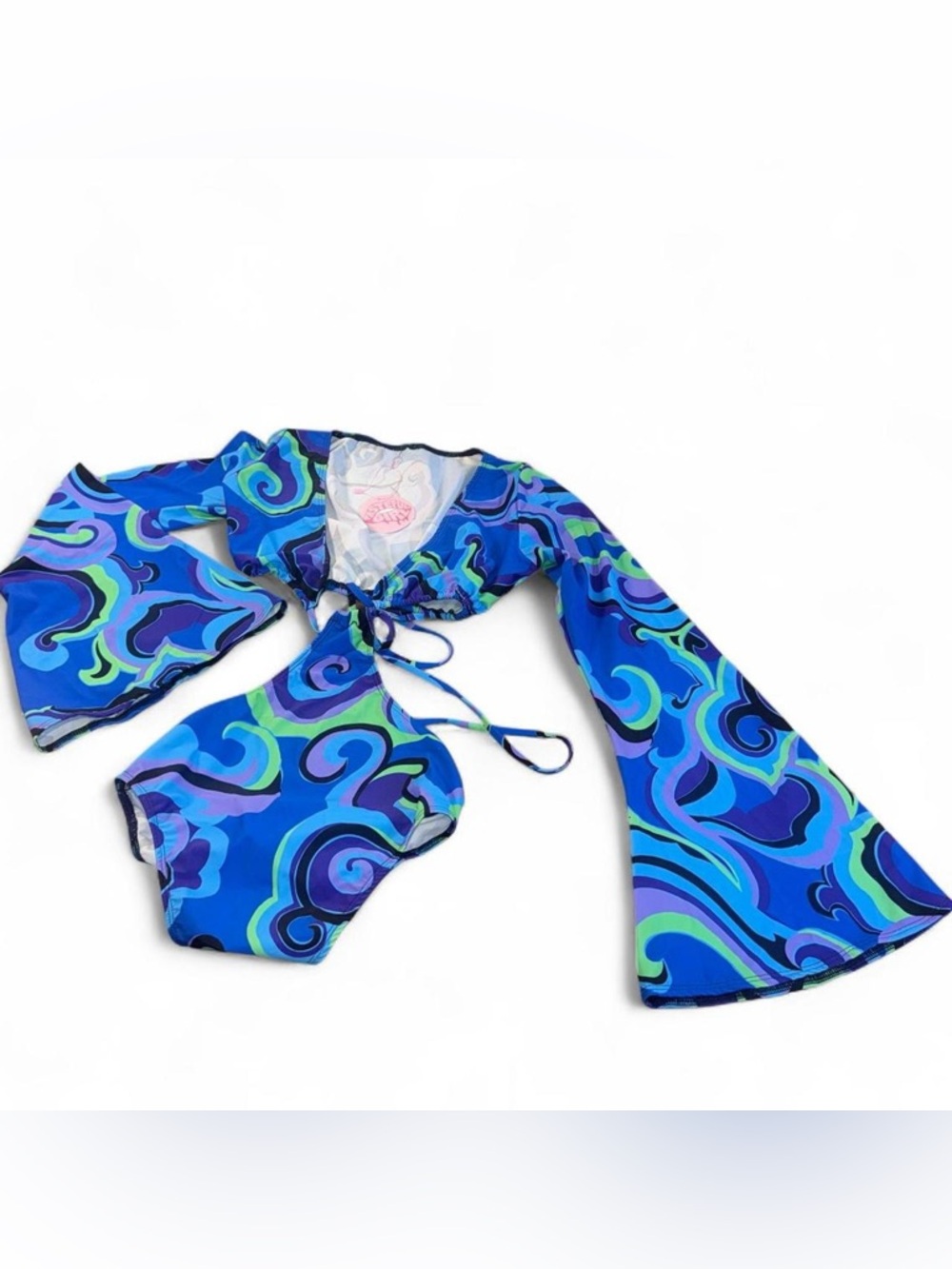 Tasteful Girl 60’s Print Bell Sleeve Tie Top and Micro Bottoms Festival Set NWT